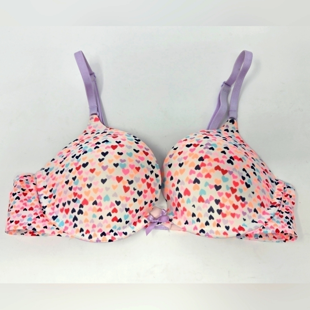 VICTORIA'S SECRET PUSH UP BRA LILAC PURPLE MULTI-COLORED HEART DESIGN WOMEN 34B